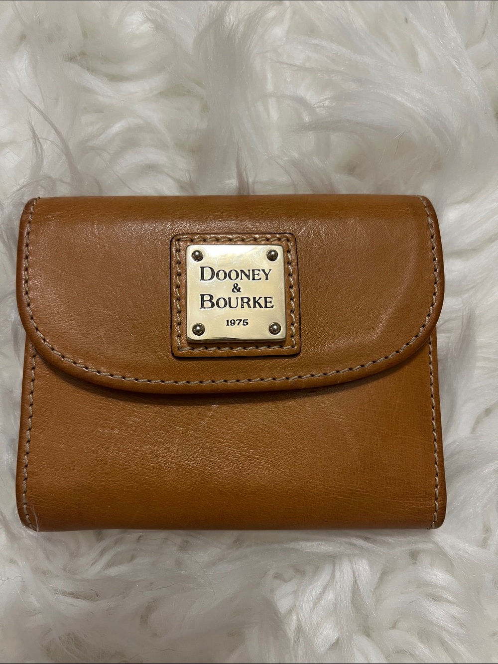 Dooney & Bourke Caramel Leather Compact Wallet with Gold Plaque